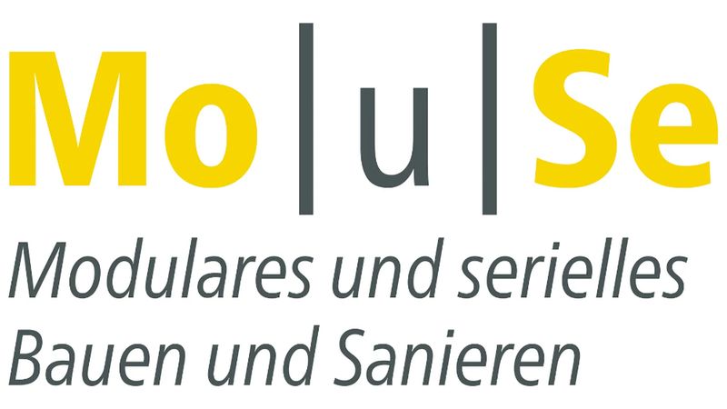 Das Logo von Moluse mit dem Schriftzug Modulares und serielles Bauen und Sanieren auf weißem Hintergrund.