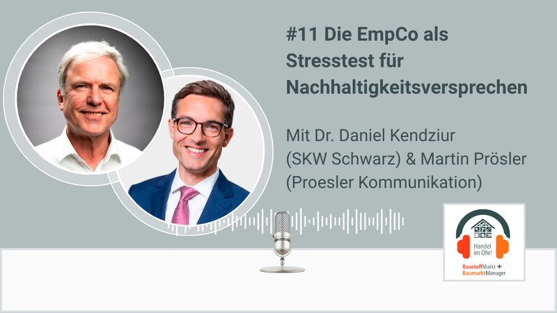 Grafisches Podcast-Cover zur elften Folge mit dem Titel 'Die EmpCo als Stresstest für Nachhaltigkeitsversprechen'. Es zeigt die Porträts von Dr. Daniel Kendziur und Martin Prösler, ein Mikrofonsymbol sowie das Logo von 'Handel im Ohr' und 'BaustoffMarkt + BaumarktManager'.