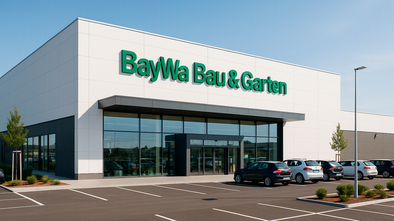 Ein modernes Gebäude eines BayWa Bau & Garten Marktes mit großen Glasfronten, einer weißen Fassade und einem weitläufigen, leeren Parkplatz davor an einem sonnigen Tag.