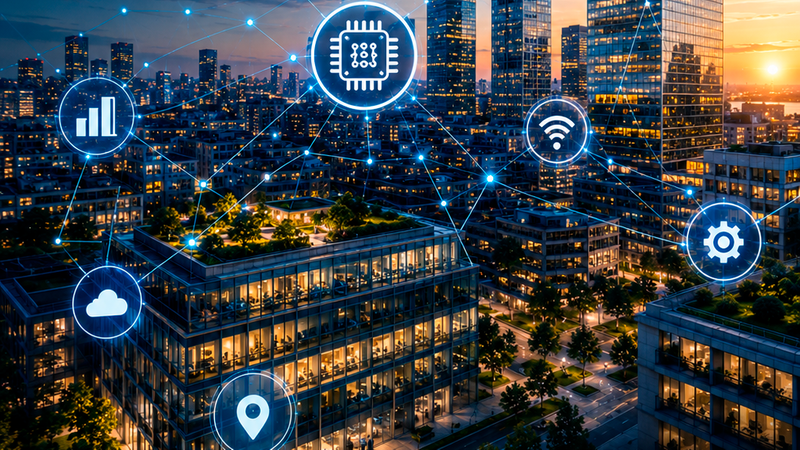 Ein Magazin-Titelblatt mit dem Titel 'KI in der Immobilienwirtschaft' vor dem Hintergrund einer modernen Skyline bei Sonnenuntergang, überlagert mit einem digitalen Netzwerk aus Technologie-Symbolen wie Chip, Cloud und Datenanalyse.