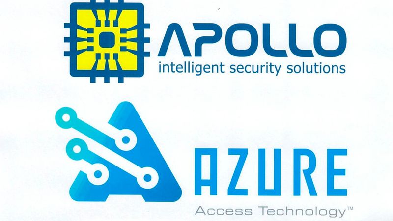 Das Bild zeigt die beiden Firmenlogos von Apollo Intelligent Security Solutions und Azure Access Technology. Das Logo von Apollo beinhaltet ein blau-gelbes Mikrochip-Symbol, während das Logo von Azure durch einen stilisierten Buchstaben A mit Schaltkreismustern geprägt ist.