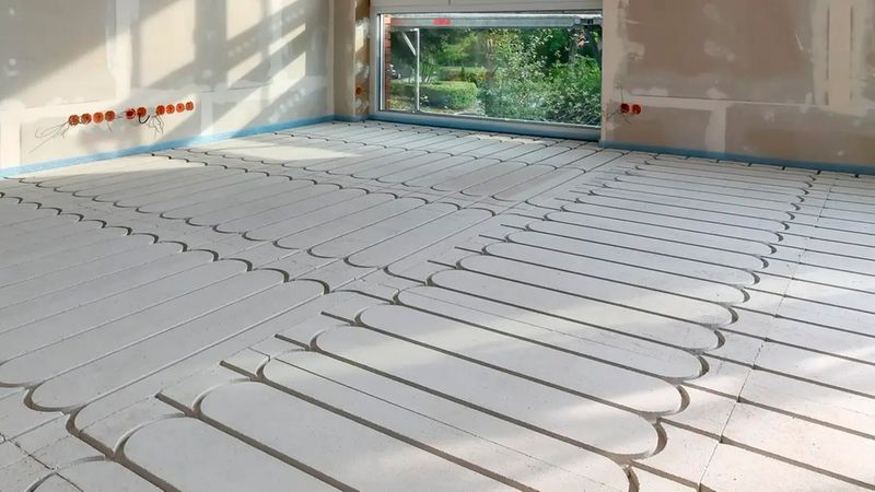 Ein Bild zeigt den Rohbau eines Raumes, in dem eine Fußbodenheizung fachgerecht verlegt wurde. Die Heizungsrohre sind präzise in die dafür vorgesehenen Dämmplatten eingelassen und bilden ein gleichmäßiges Muster auf dem Boden.