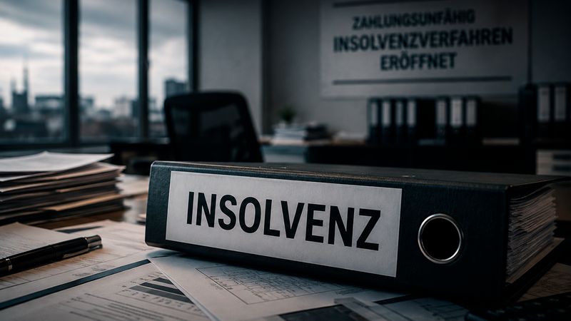 Ein schwarzer Aktenordner mit der Aufschrift Insolvenz liegt auf einem Schreibtisch voller Dokumente, im Hintergrund ist ein Schild mit der Aufschrift zahlungsunfähig Insolvenzverfahren eröffnet zu sehen.