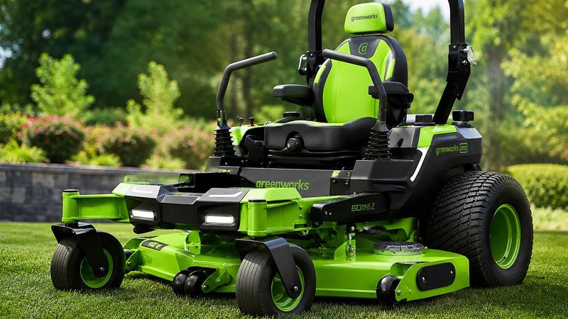 Ein moderner, elektrischer Greenworks Zero-Turn-Aufsitzmäher in markantem Grün und Schwarz steht auf einer gepflegten Rasenfläche in einem sonnigen Garten.