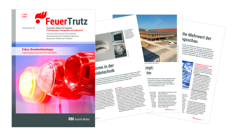 Das Titelbild und die aufgeschlagenen Seiten des Fachmagazins FeuerTrutz zeigen als Hauptmotiv eine rote Blitzleuchte einer Brandmeldeanlage und thematisieren die Falschalarmsicherheit sowie aktuelle Brandschutzkonzepte.