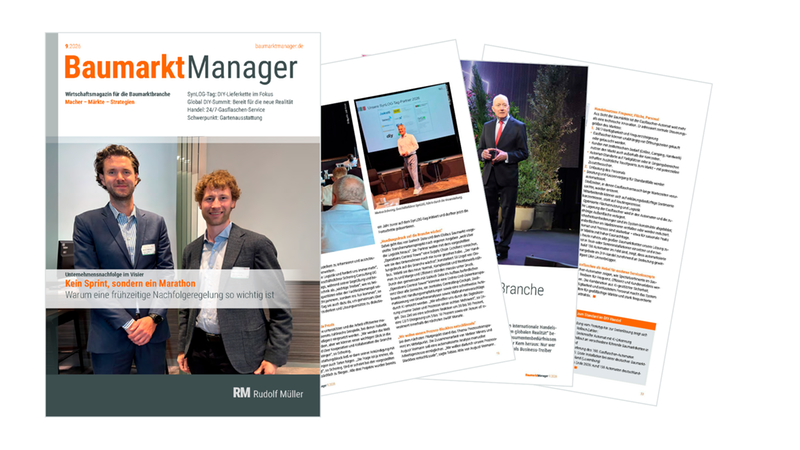 Eine Collage aus mehreren Seiten des Wirtschaftsmagazins 'BaumarktManager', die das Hauptthema der Unternehmensnachfolge sowie Berichte über Logistik und Automatisierung in der DIY-Branche zeigt.