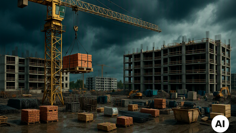 Ein detailliertes Bild einer aktiven Baustelle, auf der ein gelber Baukran Ziegelsteine auf einer Palette anhebt. Im Hintergrund sind mehrere im Bau befindliche Betongebäude unter einem düsteren, bewölkten Himmel zu sehen.