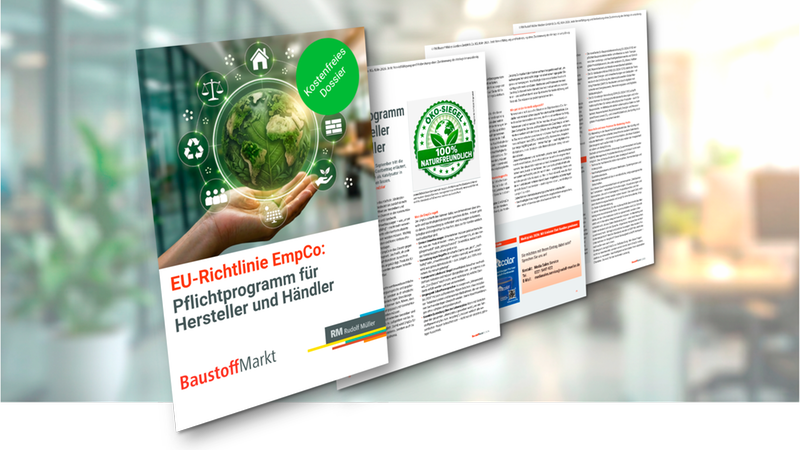 Ein grafisch aufbereitetes Dossier mit dem Titel 'EU-Richtlinie EmpCo: Pflichtprogramm für Hersteller und Händler' präsentiert vor einem unscharfen Büro-Hintergrund. Die Titelseite zeigt eine Hand, die eine leuchtende Erde umgeben von verschiedenen Nachhaltigkeits-Symbolen hält, sowie den Hinweis auf ein kostenfreies Dossier und ein Öko-Siegel.