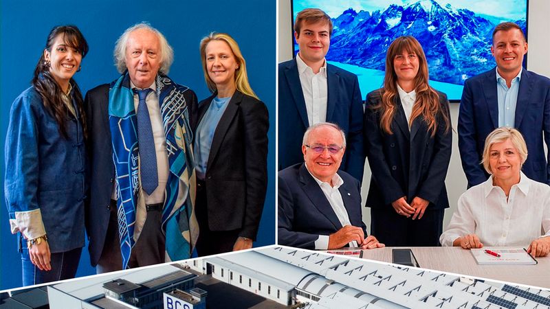 Eine zusammengesetzte Bildcollage, die das Führungsteam und Mitarbeiter des Unternehmens BCS in formellen und informellen Arbeitsumgebungen sowie eine Luftaufnahme des großen BCS-Produktionsgebäudes zeigt.