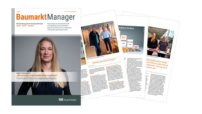 Die Titelseite und Innenseiten des Branchenmagazins BaumarktManager. Das Cover zeigt Ines von Jagemann (Hagebau) zum Thema Digitale Transformation, während die Innenseiten unter anderem Mitarbeiterporträts und ein Fünfjahres-Ranking der Baumarktbranche präsentieren.