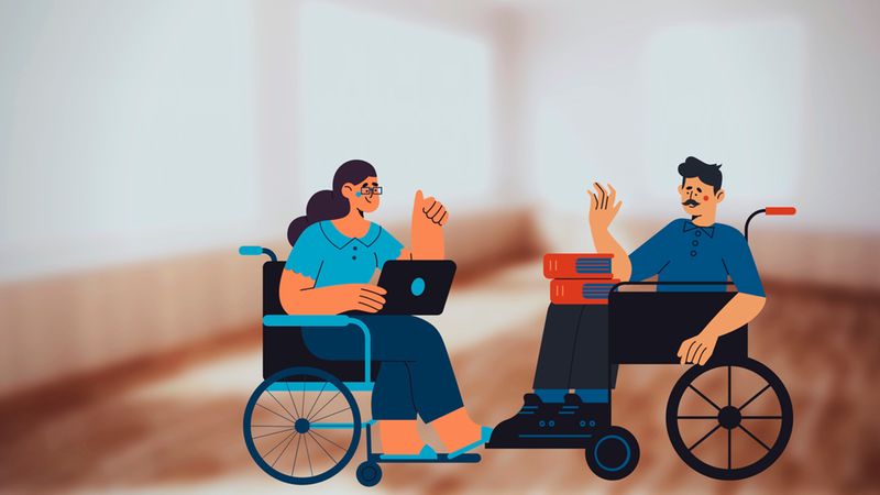 Eine Illustration von zwei Menschen, die in Rollstühlen sitzen und sich in einer professionellen oder lernorientierten Umgebung unterhalten. Eine Person nutzt einen Laptop, während die andere Person zuhört und daneben Bücher liegen hat.