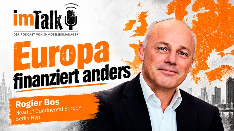 Ein grafisch gestaltetes Podcast-Cover für 'imTalk' mit dem Gast Rogier Bos, Head of Continental Europe bei Berlin Hyp, vor dem Hintergrund einer Europakarte zum Thema 'Europa finanziert anders'.