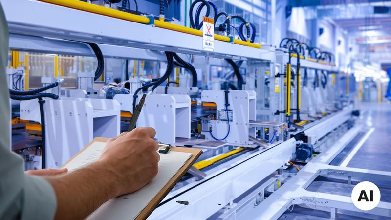 Ein Ingenieur oder Qualitätskontrolleur hält ein Klemmbrett in den Händen und führt eine manuelle Inspektion an einer modernen, automatisierten industriellen Fertigungsanlage durch.