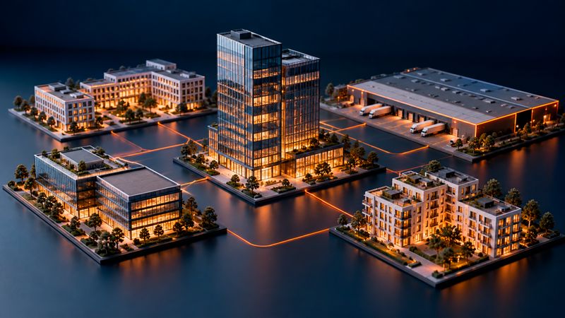 Ein detailliertes Architekturmodell einer modernen Stadt mit vernetzten Gebäuden, einem hohen Bürokomplex im Zentrum, Wohngebäuden und Logistikzentren, die durch leuchtende Verbindungswege auf einem dunklen Hintergrund visualisiert werden.