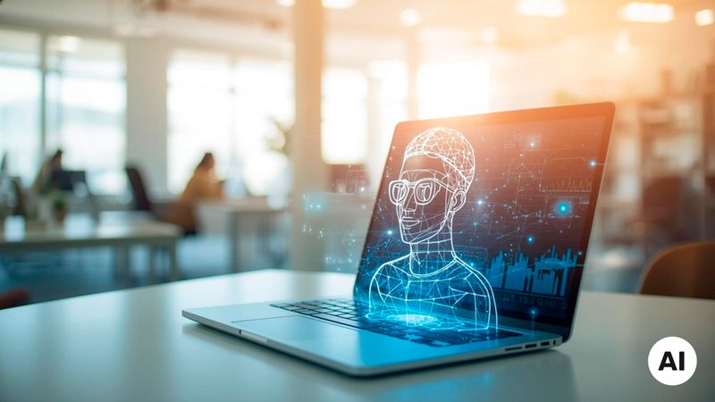 Ein Laptop auf einem Tisch in einem modernen Büro zeigt eine holographische Darstellung eines menschlichen Gesichts mit Brille.