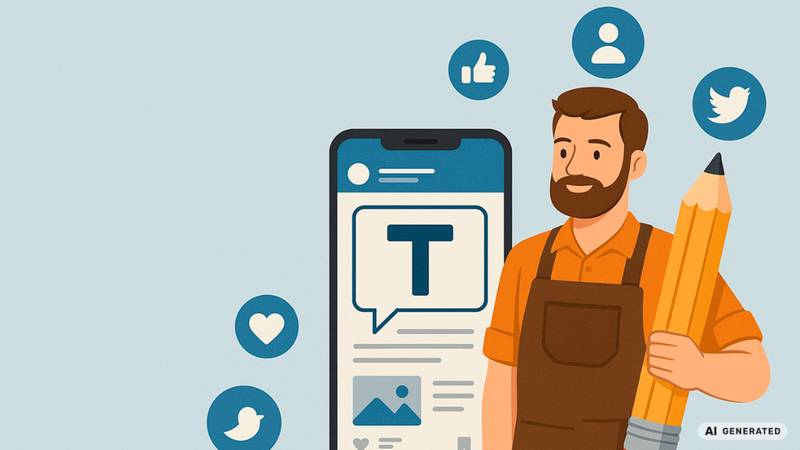 Eine Illustration eines bärtigen Content-Creators, der eine Schürze trägt und einen großen Bleistift hält. Neben ihm steht ein Smartphone, das ein soziales Netzwerk anzeigt. Um das Smartphone und den Creator herum schweben verschiedene Icons wie Social-Media-Symbole für Likes, Follower und Tweets.