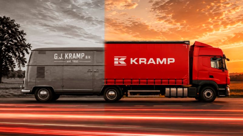 Ein Bild, das die Entwicklung der Firma Kramp zeigt: Links ein historischer, schwarz-weißer VW-Bus mit der Aufschrift G.J. Kramp B.V. und rechts ein moderner, roter Kramp-LKW vor einem dramatischen Sonnenuntergang, verbunden durch einen sanften Übergang.