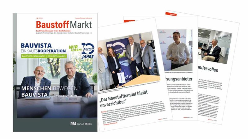 Titelblatt des Baustoffmarkt Magazins mit dem Hauptmotiv einer Reportage über das 10-jährige Jubiläum der Bauvista Einkaufs-Kooperation sowie weitere Einblicke in die Fachartikel des Hefts.