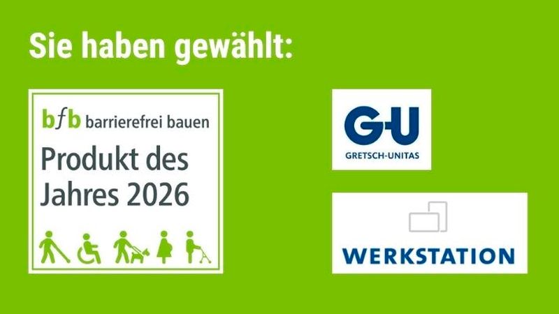 Grafik mit der Auszeichnung 'Produkt des Jahres 2026' von bfb barrierefrei bauen, zusammen mit den Firmenlogos von Gretsch-Unitas (G-U) und Werkstation auf einem grünen Hintergrund.