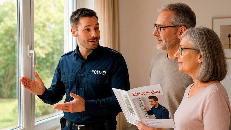 Ein freundlicher Polizist berät ein älteres Ehepaar in ihrem Zuhause zum Thema Einbruchschutz und zeigt auf ein Fenster, während das Paar eine Informationsbroschüre in den Händen hält.