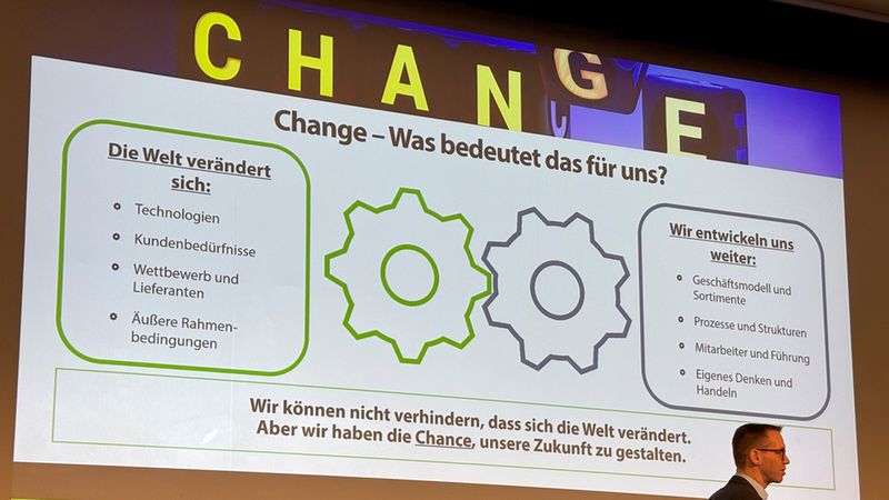 Ein Mann hält einen Vortrag vor einer großen Präsentationsleinwand mit der Überschrift 'Change – Was bedeutet das für uns?'. Auf der Folie sind zwei Zahnräder abgebildet, die die Veränderung der Welt sowie die eigene Unternehmensentwicklung symbolisieren.