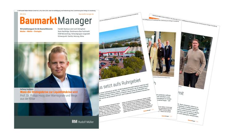 Das Titelbild und die Innenseiten des Fachmagazins Baumarktmanager Ausgabe 11/2026, das Prof. Dr. Philipp Hoog porträtiert und über aktuelle Entwicklungen und Strategiekrisen im Baumarktsektor sowie den Markteintritt von Bauhaus im Ruhrgebiet berichtet.
