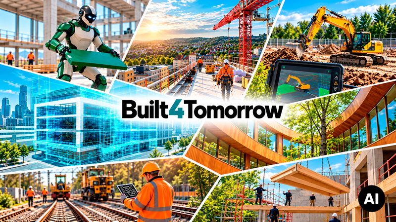 Eine dynamische Collage zur innovativen Bautechnologie mit dem Hauptmotiv "Built4Tomorrow", das den Einsatz von Robotik, KI, digitaler Planung und moderner Baumaschinen auf modernen Baustellen zeigt.