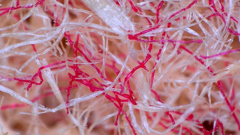 Eine extrem detaillierte mikroskopische Aufnahme, die ein komplexes Netzwerk aus feinen, transparenten Pflanzenfasern zeigt, das von leuchtend roten Kapillaren oder gefärbten Faserstrukturen durchzogen ist.