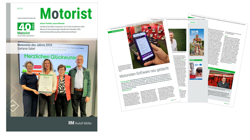 Das Titelbild des Fachmagazins Motorist zeigt die Verleihung der Auszeichnung 'Motoristin des Jahres 2026' an Stefanie Sabel, flankiert von ihrem Team. Daneben sind beispielhafte Innenseiten der Ausgabe abgebildet, die sich unter anderem mit KI-unterstützter Motoristen-Software beschäftigen.