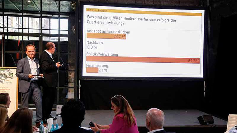 Das Moderatoren-Duo Christof Hardebusch und Steffen Uttich bei einer der Teilnehmer-Umfragen (Foto: Detlef Szillat/immobilienmanager)