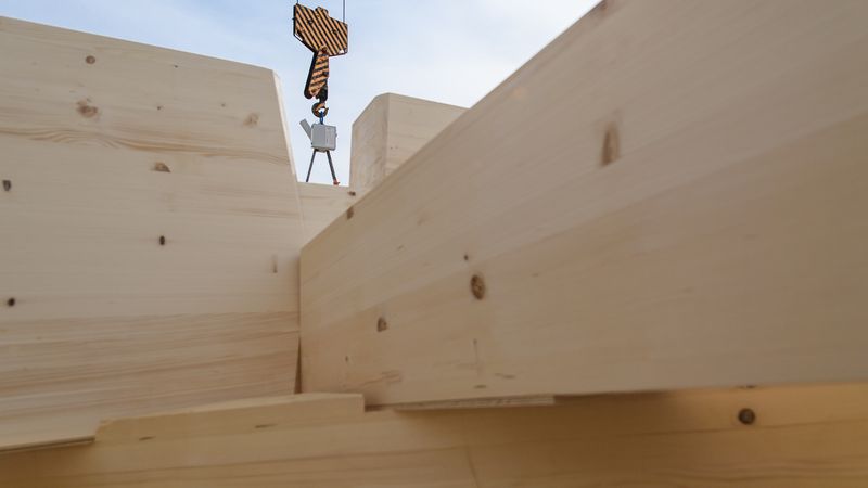 Platzierung der Holzträger mit Hilfe des Krans. Foto: Blumer-Lehmann AG