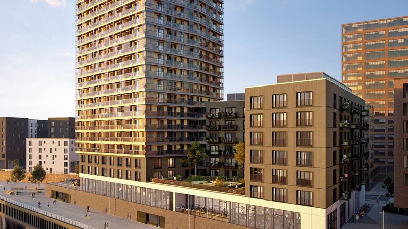 Lediglich Unter- und Erdgeschoss des Hochhauses sowie die Erschließungskerne sind in Stahlbetonbauweise geplant, alle Obergeschosse werden in Holzbauweise errichtet. Foto: Garbe Immobilien-Projekte