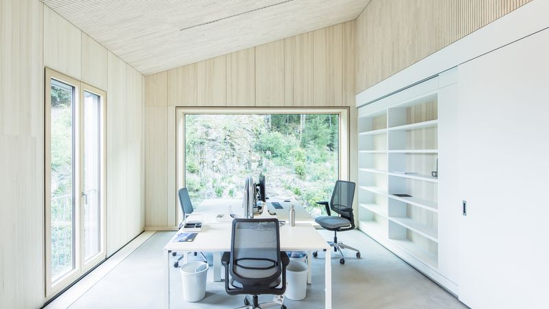 Waldbaden im Büro: Mit den Echtholz-Oberflächen an den Bauteilen made of Ligno kommt die Natur ins Haus und über die großen Panoramafenster bleibt der Bezug nach draußen bestehen. Foto: Lignotrend / Foto: Olaf Herzog, Waldkirch
