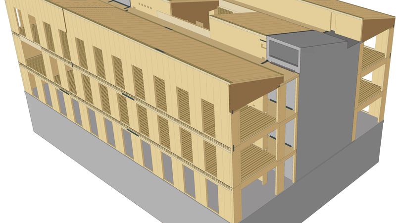 In der Grafik wird die Dimension der Holzkonstruktion made of Ligno deutlich: Auf dem betonierten Erdgeschoss ruhen drei massive Stockwerke aus materialeffizienten Brettsperrholz-Elementen. Foto: Lignotrend / Foto: Olaf Herzog, Waldkirch