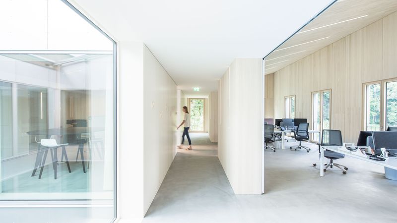 Ein Lichthof sorgt für Helligkeit im Gebäudeinnern und bietet sogar Durchblicke innerhalb des Gebäudes von Büro zu Büro. Foto: Lignotrend / Foto: Olaf Herzog, Waldkirch