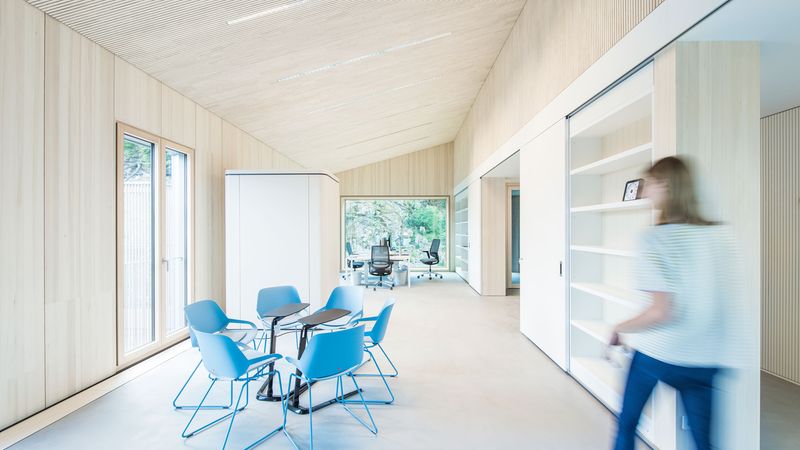 Vor allem die Raumakustik spielt in Bürogebäuden eine große Rolle. Darum wurden die Büroraumdecken und auch die Unterseiten der Dächer von Anfang an akustisch wirksam konfiguriert. Foto: Lignotrend / Foto: Olaf Herzog, Waldkirch