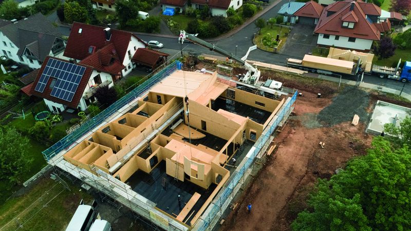 Die Baustelle aus Vogelperspektive. Foto: Swiss Krono Tex GmbH & Co. KG / Foto: tm studios