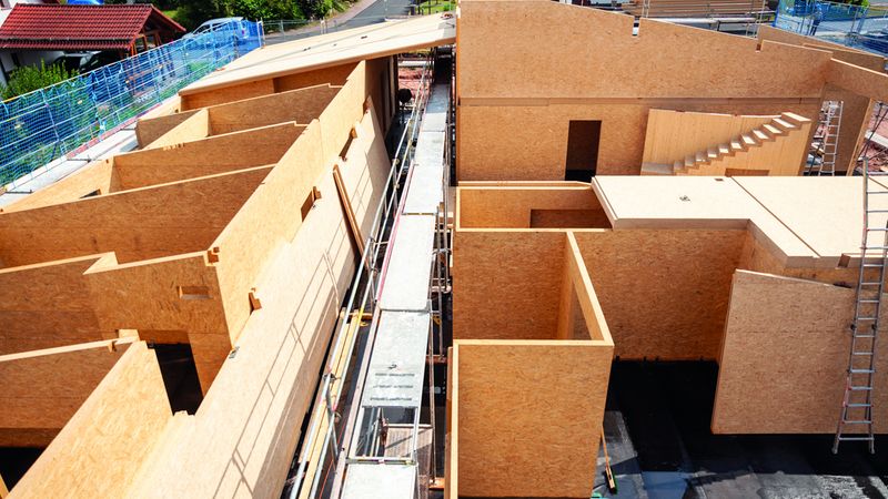 Exakt zugeschnittene Elemente werden per Kran an die richtige Position gebracht und fachmännisch montiert. Foto: Swiss Krono Tex GmbH & Co. KG / Foto: tm studios