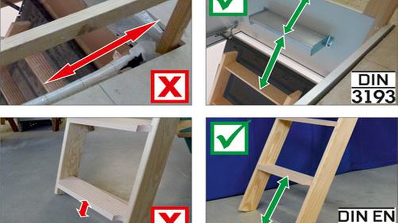 In der neuen DIN 3193 ist nun auch die Höhe der Austrittsstufe geregelt. Ist die zu hoch, muss eine Zwischenstufe montiert werden. Die Höhe der Antrittsstufe ist schon in der DIN 14975 vorgegeben. Durch Kürzen der Treppenholme sind viele Einbauten nicht DIN-konform. (Bild: Wellhöfer)