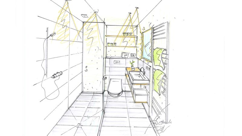 Die Skizze aus der Planungsphase zeigt, wie das gehen kann. Auch in einem kleinen Bad kann genug Platz für Ablagen und Stauraum geschaffen werden. (Bild: Andrea Stark)