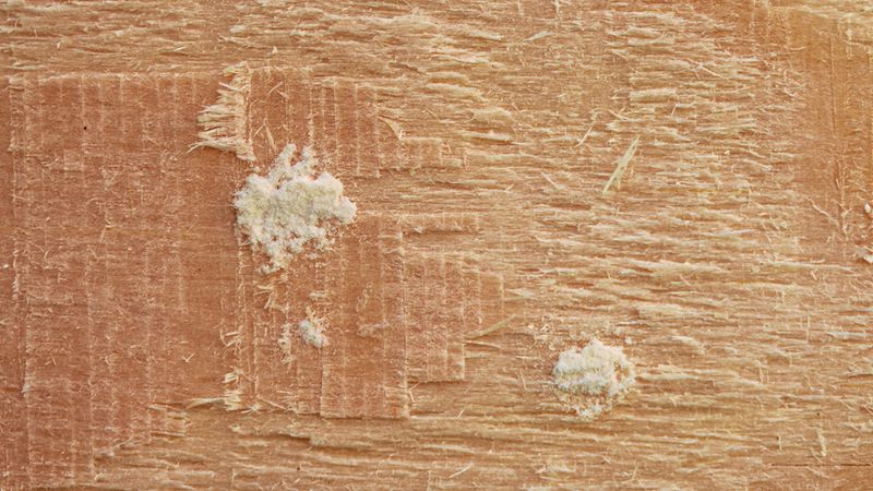 Abb. 8d: Bohrmehlhäufchen an Einnagestellen der Eilarven.