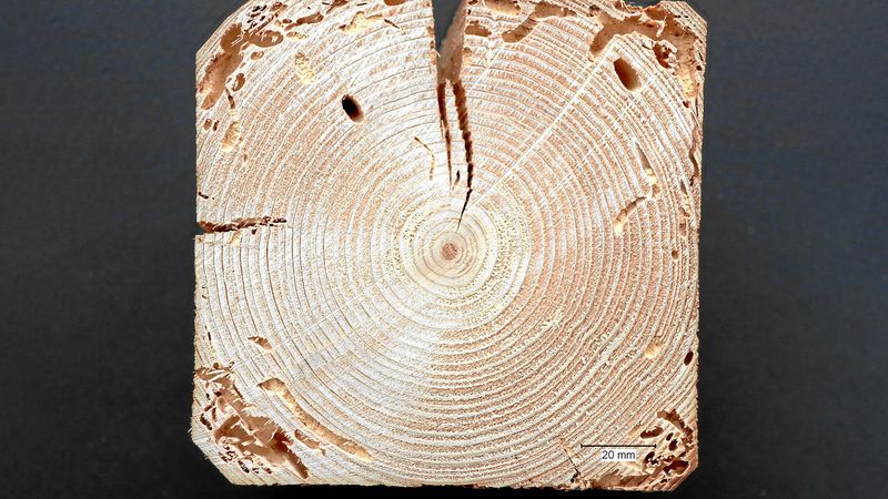 Abb. 11a: Fraßschäden an baumkantigem Fichtenholzbalken.