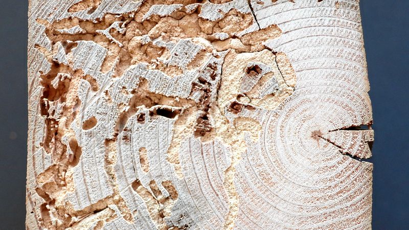 Drempelholz  aus Kiefer mit Pilz- und Hausbockbefall, auch im Kernholz