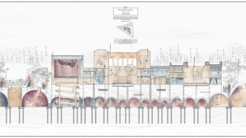 Kategorie Abschlussarbeit: „Patios, salones y escaleras“ von Alicia de Luis Sánchez (Madrid School of Architecture). Lobend erwähnt wurden die typologischen und sprachlichen Überlegungen zu einem Ort von außergewöhnlicher urbaner Komplexität.