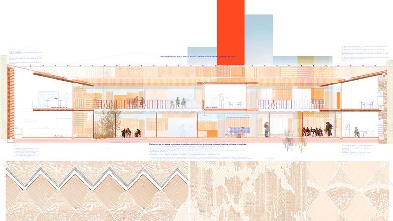 Kategorie Abschlussarbeit: „Cuanto más denso el dibujo más fino el hilo“ von Ana Link López (CEU San Pablo University, Madrid). Die Jury hob den Wert hervor, der auf nachhaltige Bausysteme und auf traditionelle Materialien, Disziplinen und soziale Aspekte gelegt wurde.