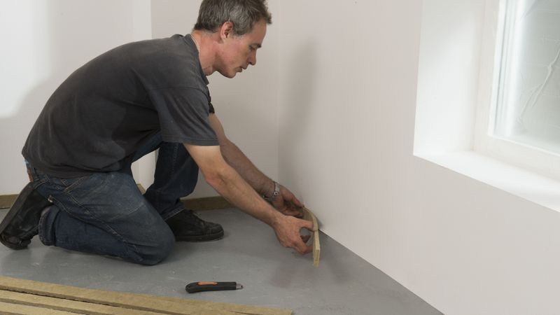 Zunächst wird der Randdämmstreifen angebracht, um die Trittschallübertragung vom Boden zur Wand zu verhindern. Der überstehende Teil des Randdämmstreifens darf erst nach Verlegen des Bodenbelags entfernt werden.