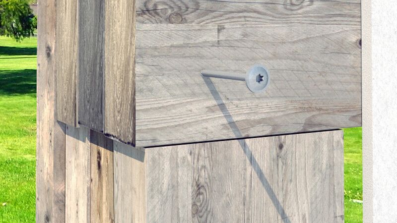 Die geschützten Holzbauschrauben TBS EVO sind für den Außenbereich bei Nutzungsklasse 3 und Korrosionskategorie C4 geeignet. Der große Tellerkopf hat die Aufgabe einer Unterlegscheibe und garantiert hohe Kopfdurchzugsfestigkeit.