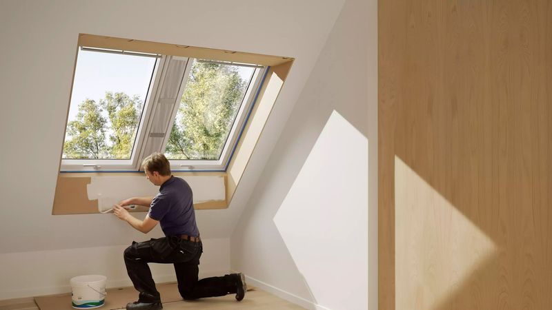 Ein Handwerker installiert ein Dachfenster in einem hellen Raum.