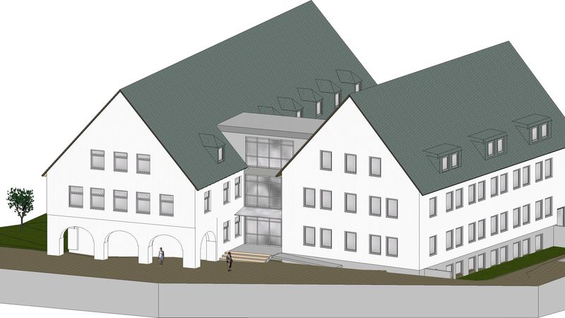 Eine architektonische Darstellung eines modernen Gebäudekomplexes mit mehreren verbundenen Gebäuden und grünem Dach.