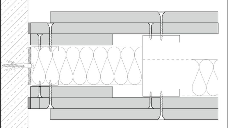 Anschluss Trennwand an Massivwand mit Schattenfuge. Hier wurde die Beplankung für besseren Schall- und Brandschutz an der Fuge aufgedoppelt.